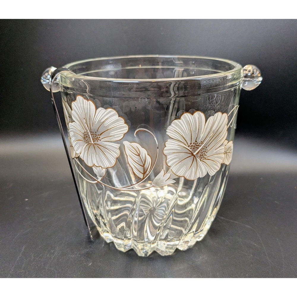 Vintage Mid Century Floral Etched Ice Bucket with Tongs